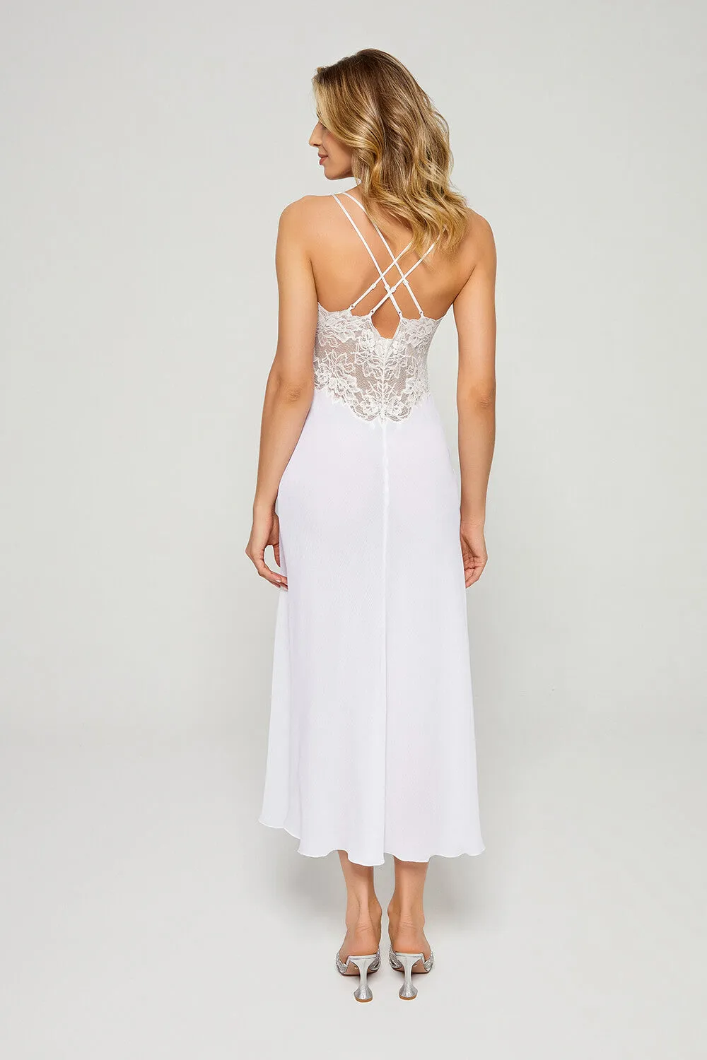 Fearne - Long Envelope Silky Nightgown - White Lace on White