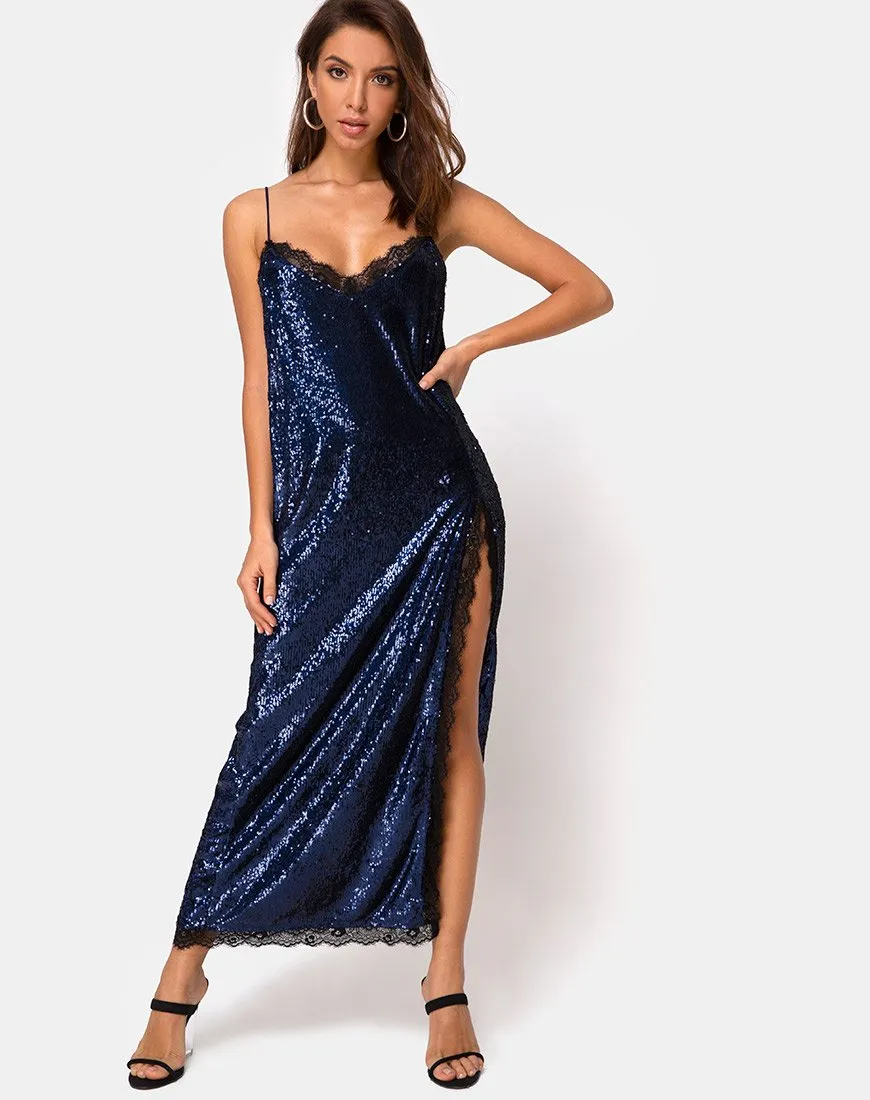 Fitilia Maxi Dress in Midnight Mini Sequin with Black Lace