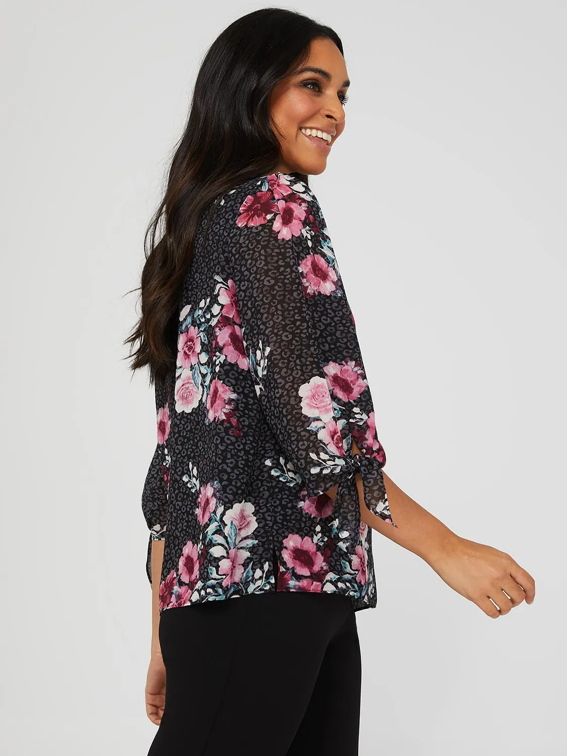 Floral Print Chiffon Mock Neck Blouse