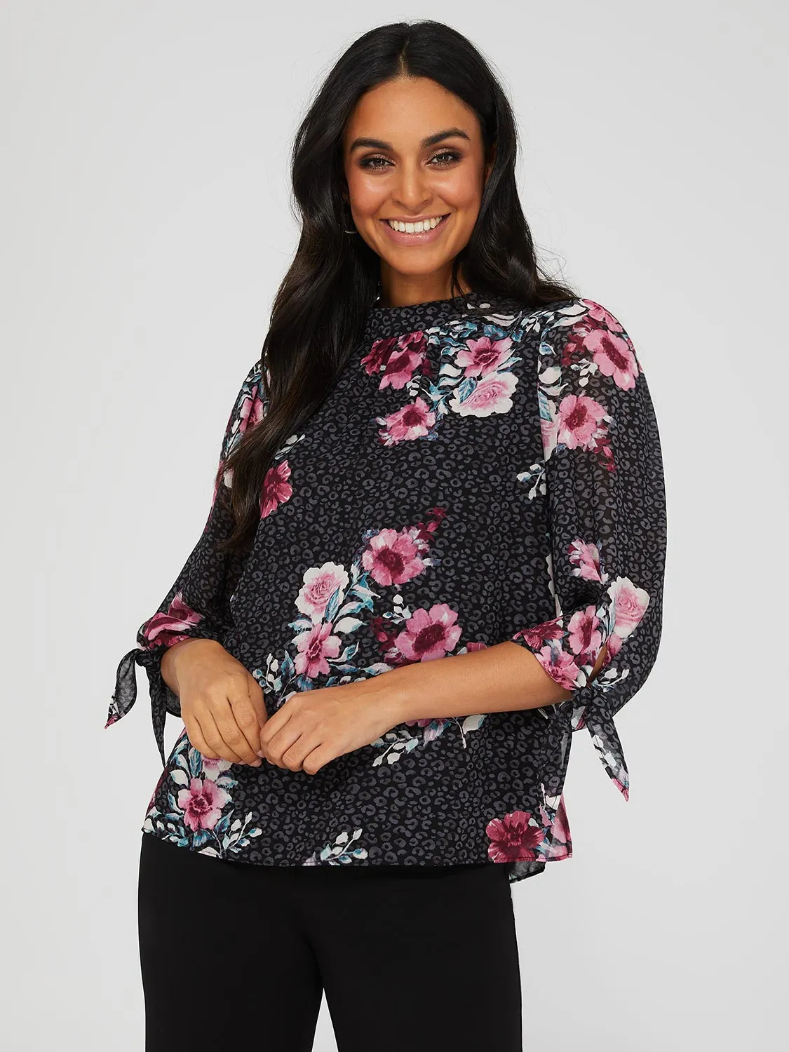 Floral Print Chiffon Mock Neck Blouse