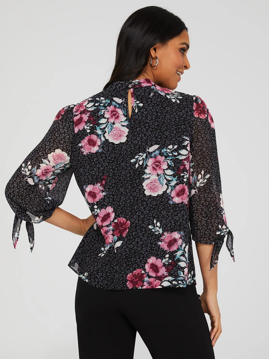 Floral Print Chiffon Mock Neck Blouse