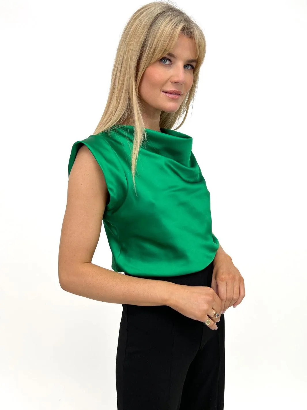 Kate & Pippa Suzy Satin Cowl Neck Top In Green