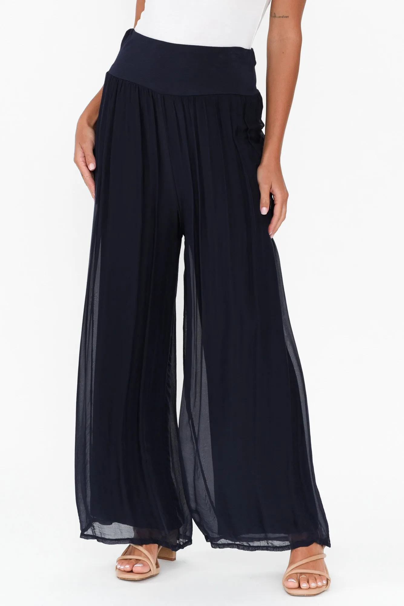 Laurier Navy Silk Wide Leg Pants