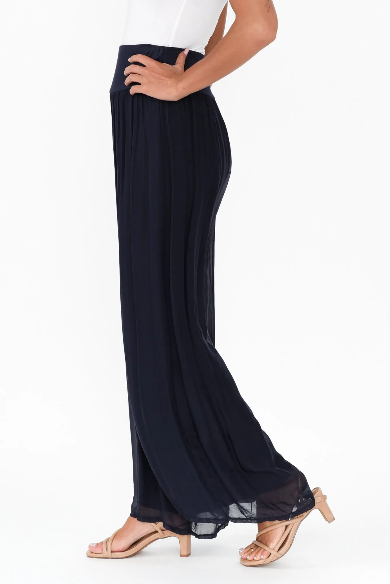 Laurier Navy Silk Wide Leg Pants