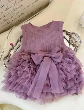 “Lilac” Ribbed Top, Bow Accent   Multi-Layer Mesh Tutu Skirt, 2-Piece