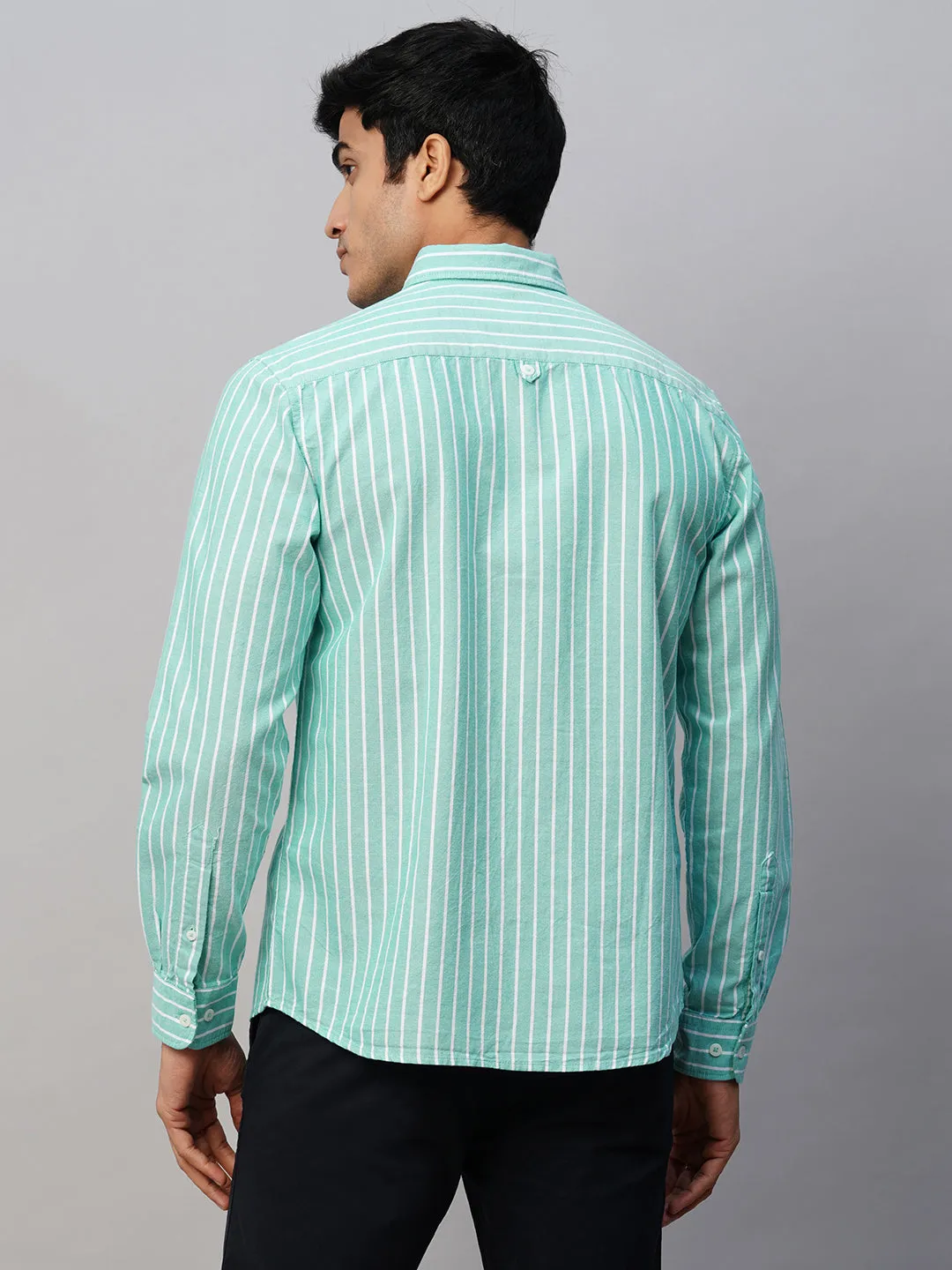 Men's Green Oxford Cotton Striped Regular Fit Long Sleeved Button Down Collar Shirt