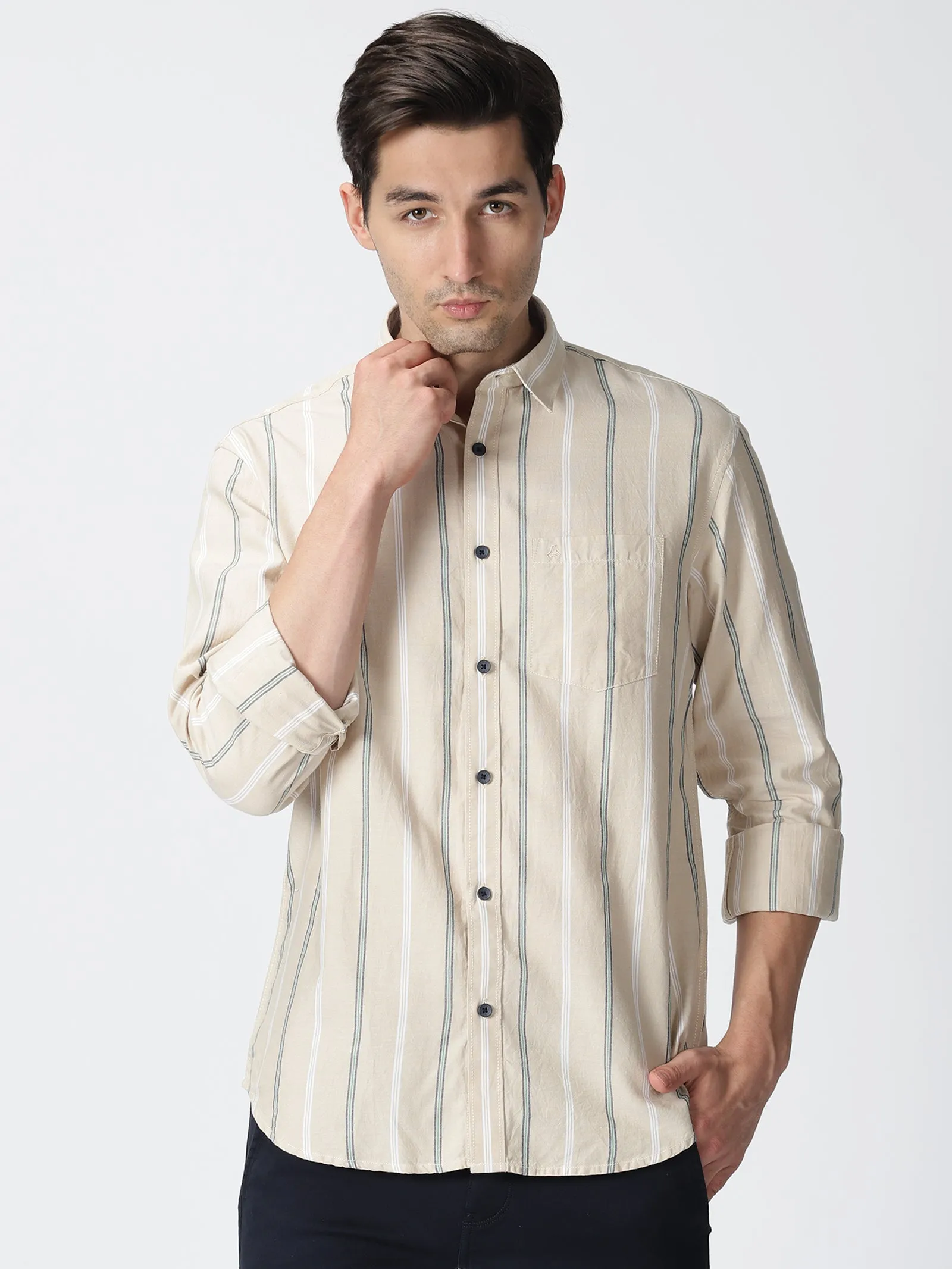 MEN'S LT BEIGE STRIPE SLIM FIT SHIRT