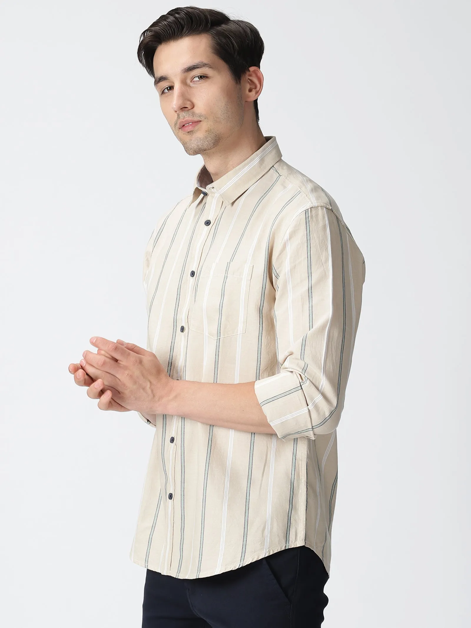 MEN'S LT BEIGE STRIPE SLIM FIT SHIRT