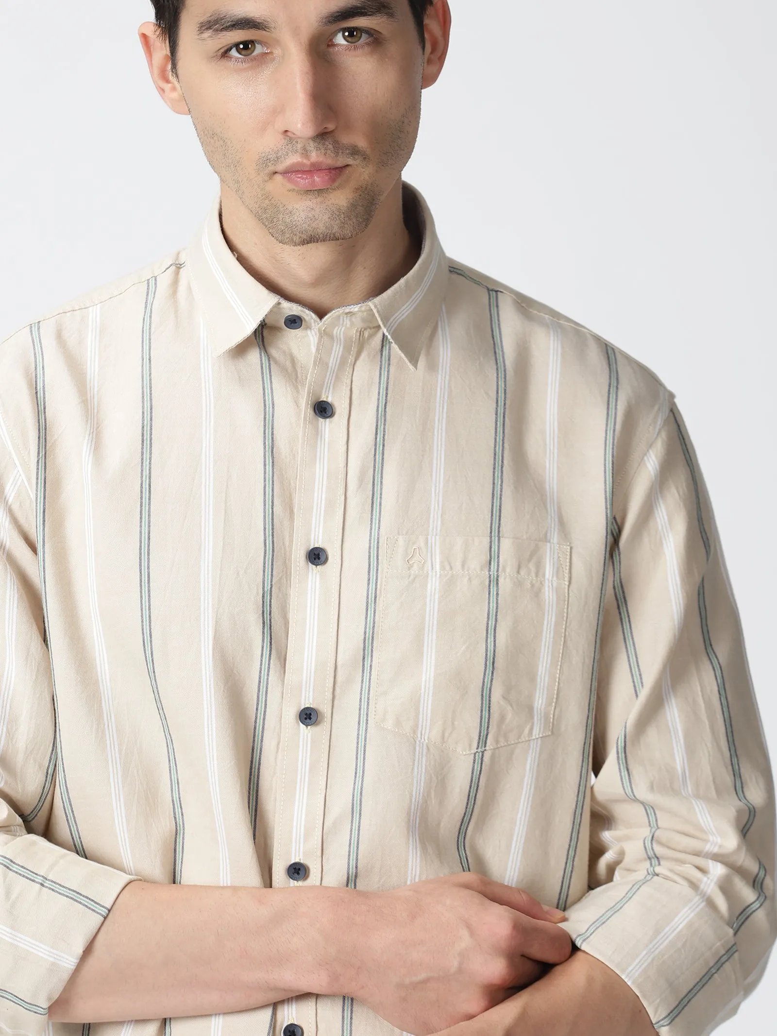 MEN'S LT BEIGE STRIPE SLIM FIT SHIRT