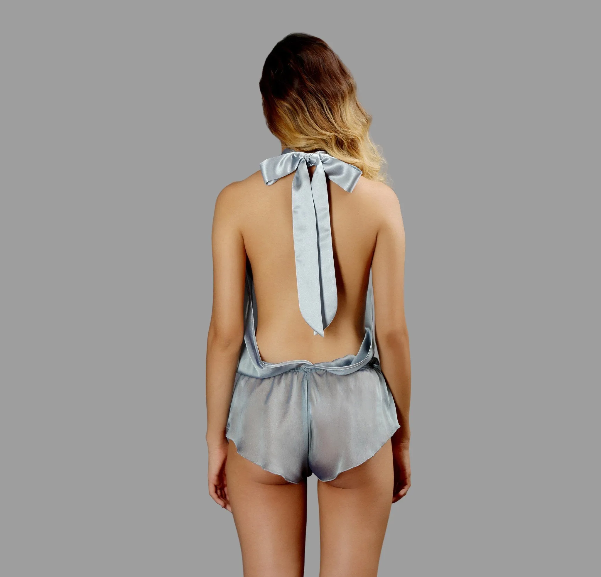 Sheer lingerie see through sexy backless light blue teddy playsuit hand made by Ange Dechu