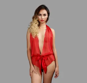 Sheer lingerie see through sexy playsuit red backless teddy by Ange Dechu