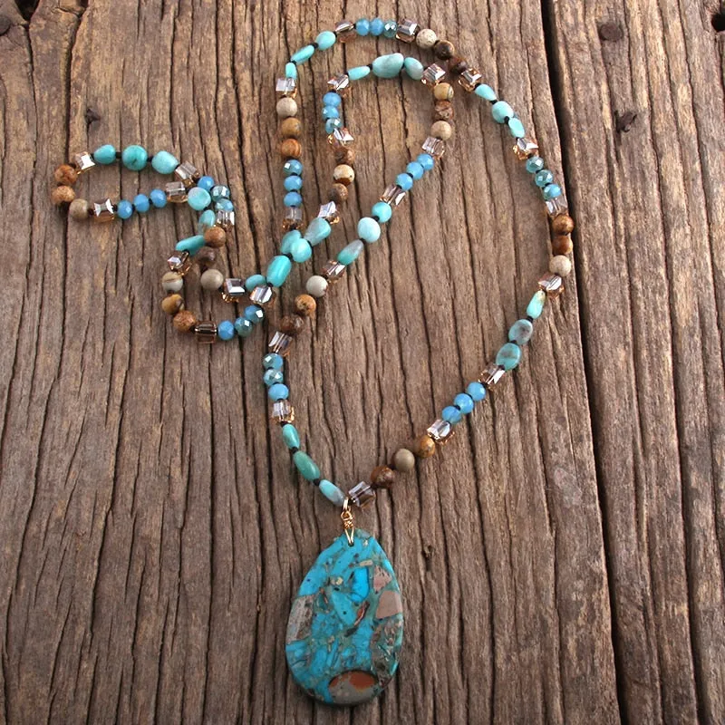 Turquoise Amazonite Natural Stone Crystals Mala Western Long Necklace