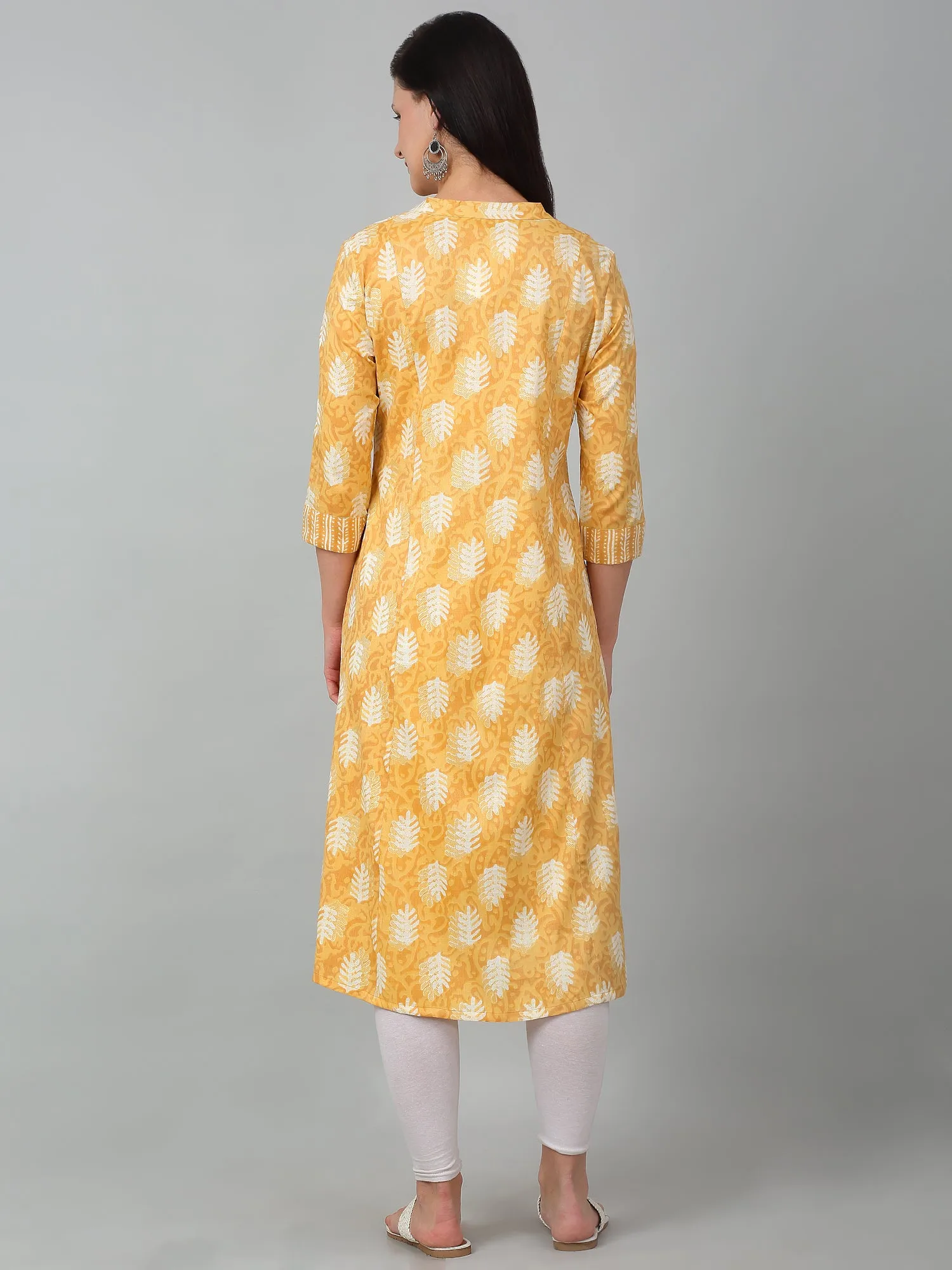 Women's Casual Band Collar Light Mustard All over Printed Calf length Kurti