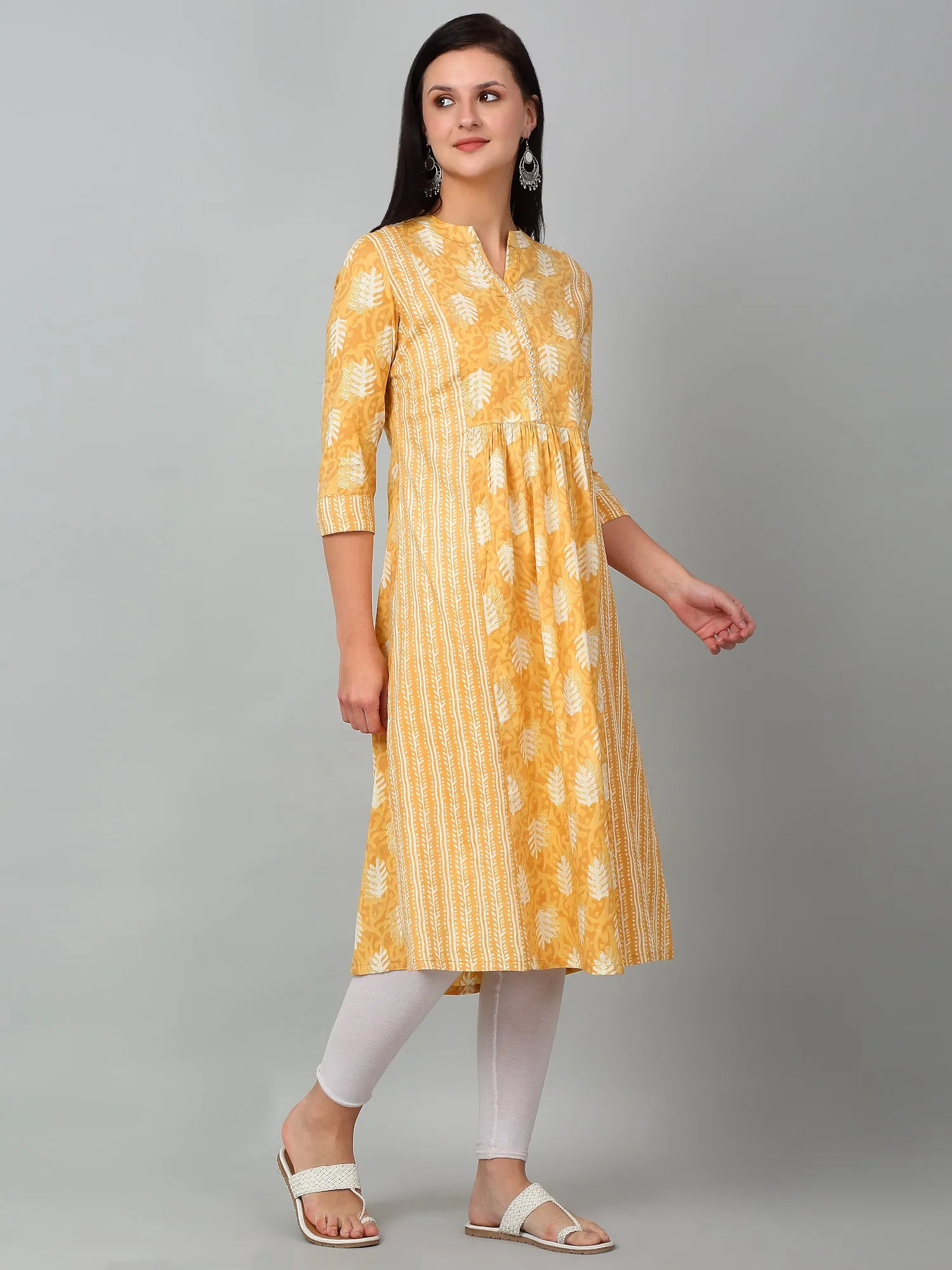 Women's Casual Band Collar Light Mustard All over Printed Calf length Kurti