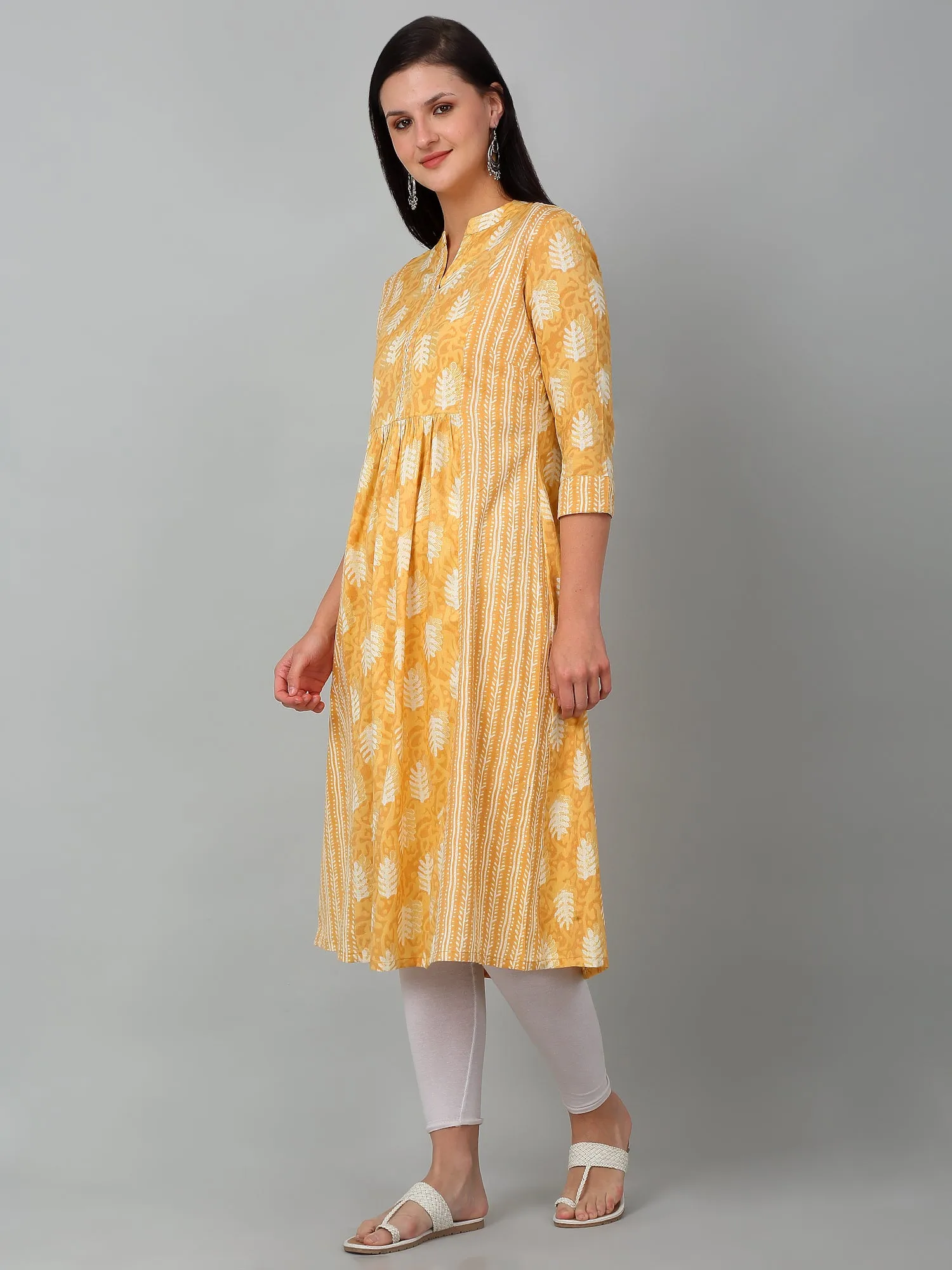 Women's Casual Band Collar Light Mustard All over Printed Calf length Kurti