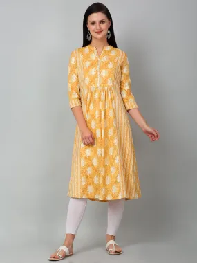 Women's Casual Band Collar Light Mustard All over Printed Calf length Kurti